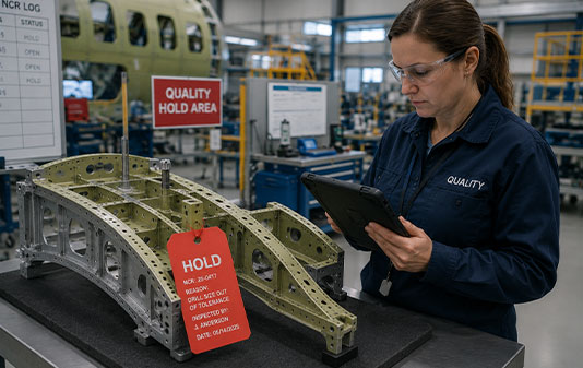 Quality engineer inspecting an aircraft component in a quality hold area before disposition
