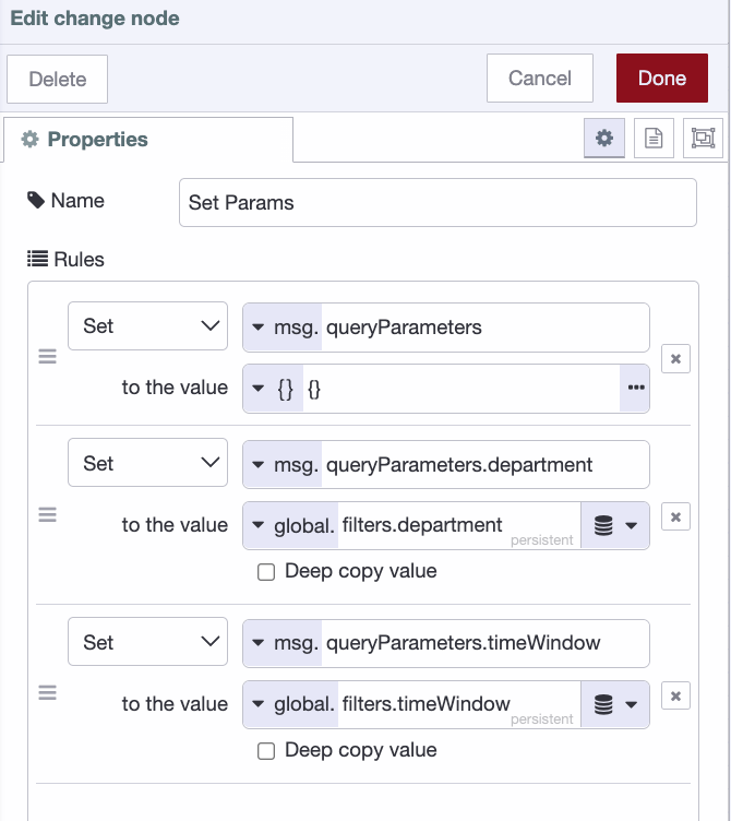 Set Params change node with its three rules